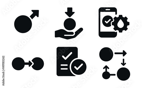Solid style icons of crypto transactions: send coin icon, receive payment, TX hash, gas fee badge, transaction status, mobile payment, confirm icon, payment flow.