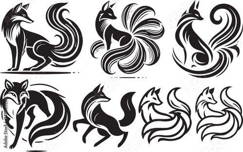 Collection of eight stylized black fox designs with elaborate tails perfect for logos branding and tattoos
