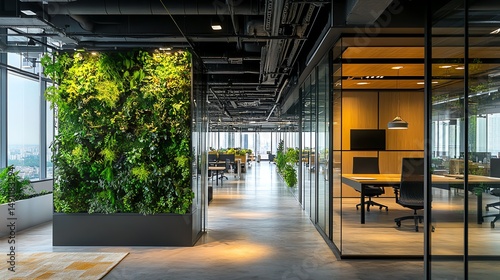 Fototapeta Naklejka Na Ścianę i Meble -  The stock photo shows a bright, contemporary office space characterized by glass walls and a green accent.