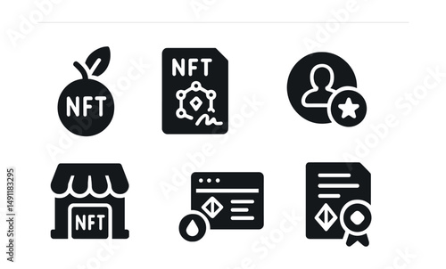 Solid style icons of NFT networks: mint token icon, NFT contract, digital asset ID, creator badge, NFT marketplace, royalty meter, metadata viewer, ownership proof.
