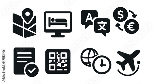 Solid style icons of digital travel tools: map app, booking platform, language translator, travel currency converter, digital itinerary, QR pass, time zone icon, flight tracker.