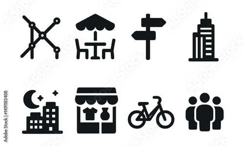 Solid style icons of city travel: metro map, street café, sightseeing sign, skyscraper, night city view, souvenir shop, city bike icon, crowd icon.