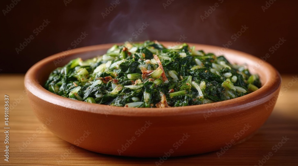 Bowl of cooked green vegetables on a wooden table. the bowl is made of terracotta and has a smooth surface. Bowl of cooked green vegetables on a wooden table. the bowl is made of terracotta and has a smooth surface.