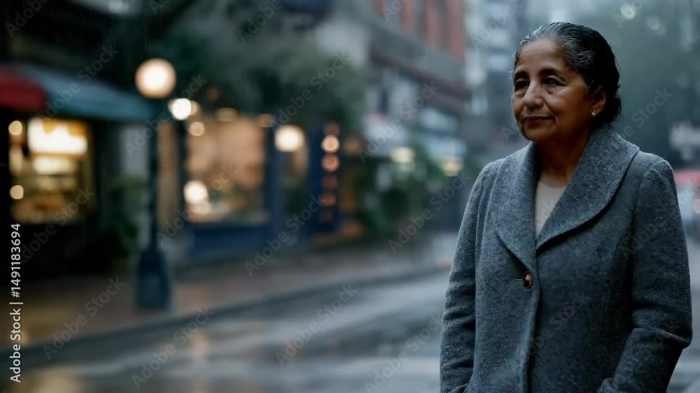 A Hispanic woman is quietly standing on a rainy street, wearing a cozy gray coat while reflecting on her surroundings amid vibrant shops A Hispanic woman is quietly standing on a rainy street, wearing a cozy gray coat while reflecting on her surroundings amid vibrant shops