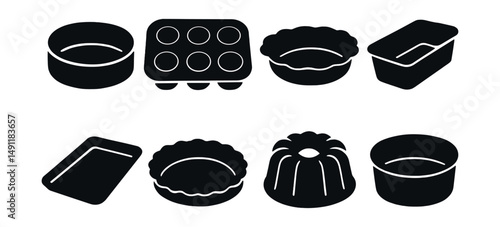 Solid style icons of bakeware: cake pan, muffin tin, pie dish, loaf pan, baking sheet, tart pan, bundt mold, ramekin.