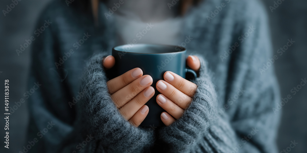 Warm hands embrace a cup of coffee on a cozy winter day indoors Warm hands embrace a cup of coffee on a cozy winter day indoors