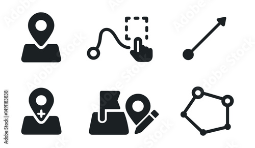 Solid style icons of map-based UI tools: map marker tool, draw route icon, select area icon, distance measure, add location, bookmark on map, location edit, polygon tool.