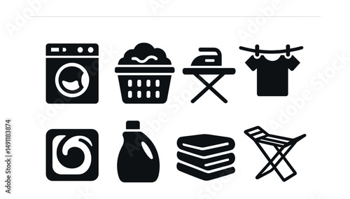 Solid style icons of laundry care: washing machine, laundry basket, ironing board, clothesline, detergent pod, fabric softener, folded clothes, drying rack.