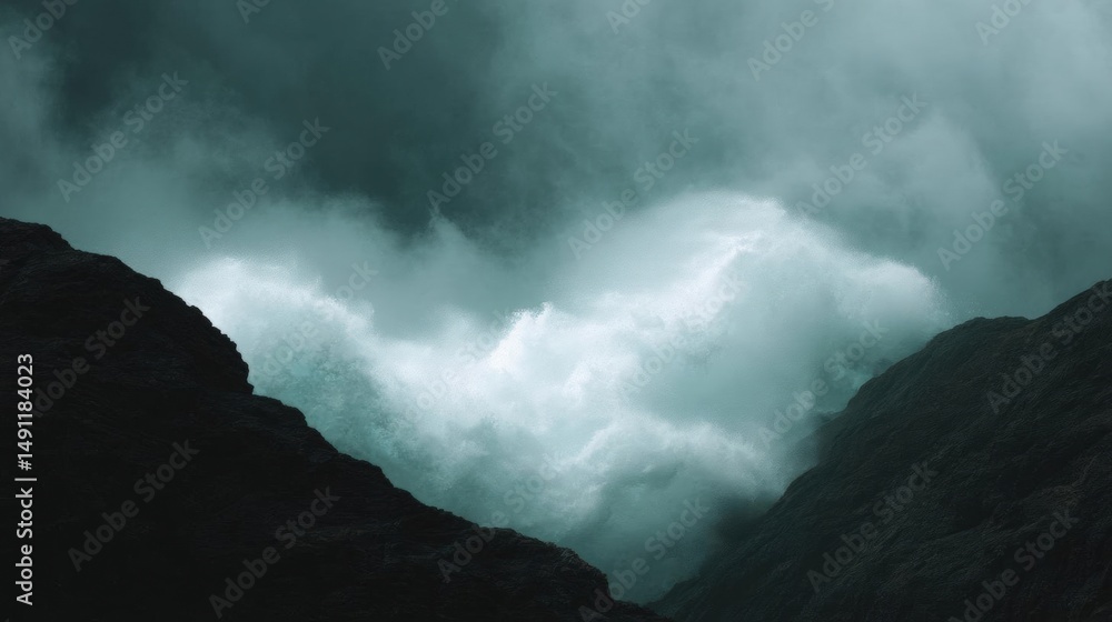 Obraz premium Dramatic scene of a large wave crashing against the side of a rocky cliff. the wave is white and foamy, with a hint of blue in the center.