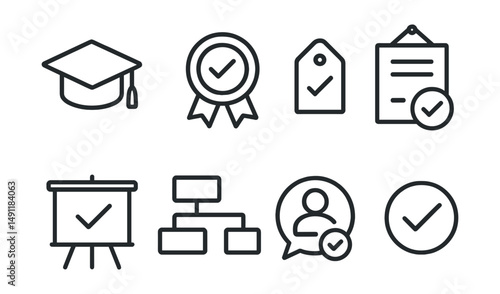 Line style icons of course completion: graduation cap icon, finished course badge, course certificate tag, passed exam file, training completion board, course curriculum chart, certified learner