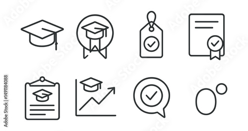 Line style icons of academic certifications: academic degree icon, university diploma badge, thesis approval tag, scholarly certificate file, academic honors board, graduation chart, final thesis