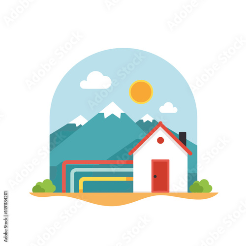 Modern house illustration with colorful pipelines and mountain background, vibrant and eco-friendly concept of construction, renovation, or home improvement