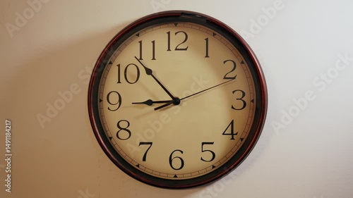Retro clock ticking. The second hand is moving slowly. The time is running in the morning. Worn old analogue timepiece at home on a white wall.