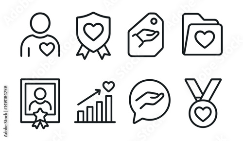 Line style icons of humanitarian awards: humanitarian icon, community service badge, social contribution tag, charity work file, volunteer recognition board, public service chart, helping hand bubble