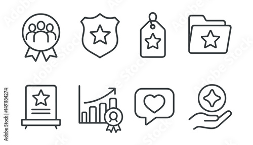 Line style icons of public service awards: community award icon, government service badge, public recognition tag, civic engagement file, leadership in service board, community contribution chart,