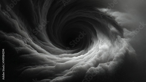 Black and white photograph of a spiral vortex. the vortex appears to be made up of a series of curved lines and curves, creating a sense of depth and dimension.