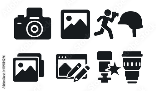 Solid style icons of photojournalism: press camera, photo frame icon, action shot, war zone helmet, gallery of images, photo editor icon, camera flash, news lens.