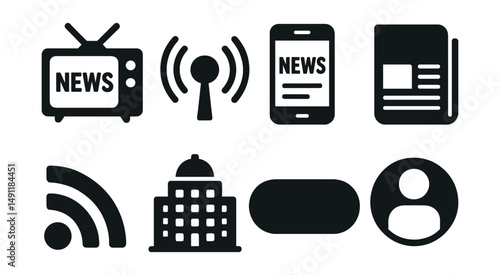 Solid style icons of news platforms and sources: TV broadcast, radio waves, digital news app, newsletter icon, RSS feed badge, press agency symbol, independent media tag, public channel.
