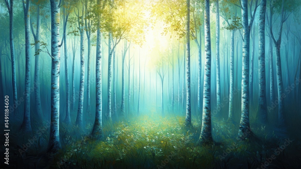 Fototapeta premium Mystical birch forest pathway bathed in sunlight.