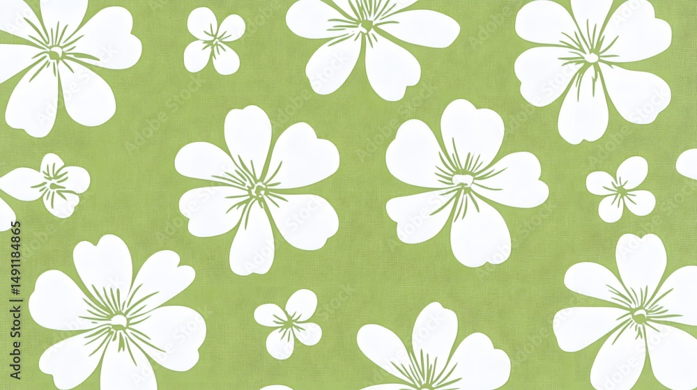 Fototapeta premium Seamless Green Floral Pattern White Flowers Textile Design