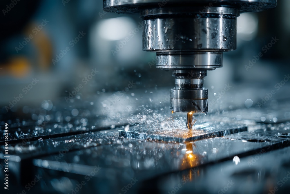 Precision Milling: Industrial CNC Machine Cutting Metal with Coolant Liquid, Sparking During Production Process Precision Milling: Industrial CNC Machine Cutting Metal with Coolant Liquid, Sparking During Production Process