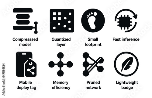 Solid style icons of lightweight ML models: compressed model icon, quantized layer, small footprint badge, fast inference chip, mobile deploy tag, memory-efficient node, pruned network, lightweight