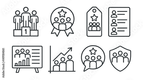 Line style icons of team rankings: team ranking icon, group achievement badge, collective success tag, team leaderboard file, team performance board, group competition chart, team results bubble,
