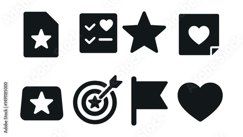 Solid style icons of productivity favorites: starred file, task with heart, priority star, important note heart, favorite shortcut, goal tracker with star, flagged item, custom heart icon.