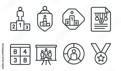Line style icons of sports event rankings: sports rank icon, athlete leaderboard badge, game results tag, medal tally file, competition score board, top athletes chart, performance bubble, sports