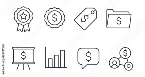 Line style icons of prize pools: reward icon, prize money badge, tournament fund tag, jackpot file, sponsorship board, winnings chart, payout bubble, prize distribution symbol.