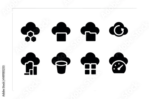 Solid style icons of cloud storage types: object storage, block storage, file storage, lifecycle policy, storage tier, S3 bucket, storage class, CDN cache.