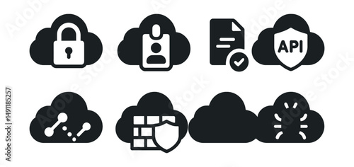 Solid style icons of cloud security: encryption lock, IAM badge, policy icon, secure API, audit trail, firewall shield, data mask, threat detection.