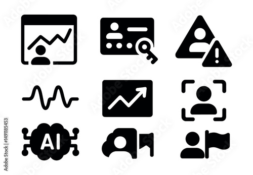 Solid style icons of behavioral analytics: user behavior graph, login pattern icon, insider threat alert, behavioral baseline, deviation tracker, context-aware icon, AI detection model, profile flag.