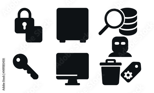 Solid style icons of data protection strategies: data encryption, backup vault, secure key icon, access audit, data masking, file integrity monitor, secure wipe icon, data governance tag.