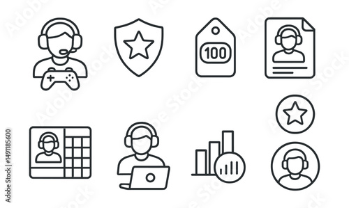 Line style icons of esports players: gamer icon, competitive badge, high score tag, gaming profile file, player stats board, pro gamer chart, performance bubble, esport player symbol.