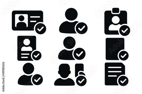 Solid style icons of account verification: ID with check, profile confirmed, identity badge, KYC complete, passport approved, verified user icon, selfie check, document confirmation.