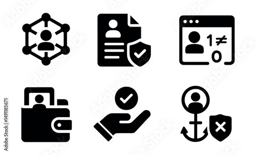 Solid style icons of blockchain identity: decentralized ID, DID document, verifiable credential, zero-knowledge proof icon, identity wallet, permission token, trust anchor, KYC bypass.