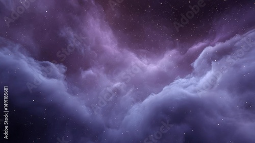 Beautiful night sky filled with stars and clouds. the sky is a deep purple color with a hint of blue, and the clouds are white and fluffy.