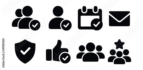 Solid style icons of social confirmation: friend request accepted, follow confirmed icon, social badge check, event RSVP done, message sent icon, profile verified, like and check icon, community