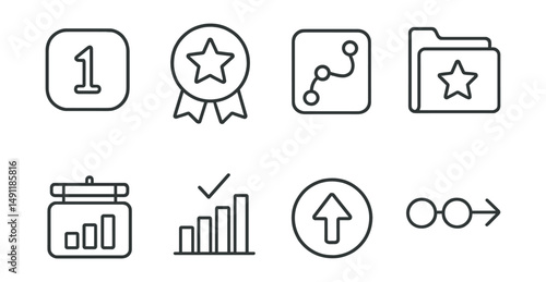 Line style icons of game levels: level icon, progress badge, stage tag, mission file, difficulty board, level completion chart, level-up bubble, progression symbol.