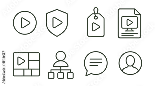 Line style icons of streamer branding: logo icon, branding badge, channel design tag, channel artwork file, custom branding board, stream identity chart, channel theme bubble, personal brand symbol.