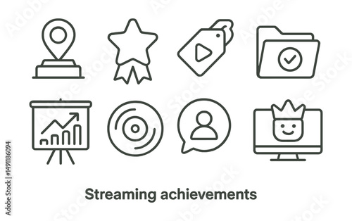 Line style icons of streaming achievements: milestones icon, achievement badge, subscriber goals tag, content progress file, growth tracker board, record chart, top viewer bubble, streamer success