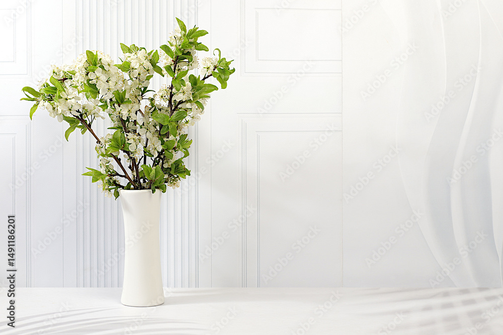 Fototapeta premium Still life with beautiful spring cherry blossom branches in vase on elegant background. Abstract flower arrangement and banner for screen,Floral holiday card with summer greeting concept