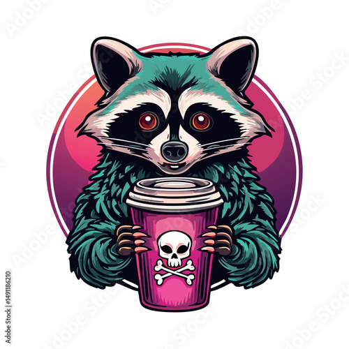logo of racoon holding to-go coffee cut with skull and crossbones