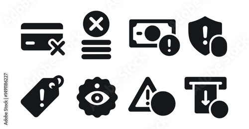 Solid style icons of finance and payment alerts: declined card icon, failed transaction symbol, overdue bill alert, fraud risk warning, budget alert tag, suspicious payment badge, currency alert,
