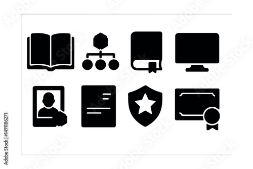 Solid style icons of blockchain education: blockchain tutorial, concept map icon, term glossary, chain visualization, beginner course, smart contract lesson, learning badge, verified certificate.