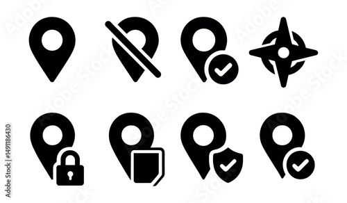 Solid style icons of location services: enable location, location off icon, location request badge, system GPS icon, privacy pin lock, location permissions, pin with shield, track approval.