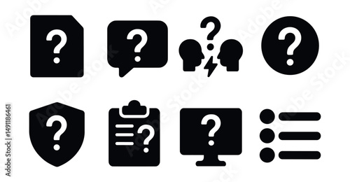Solid style icons of quiz and learning: quiz question icon, test bubble with question mark, challenge icon, trivia question mark, educational question badge, assessment icon, learning prompt,