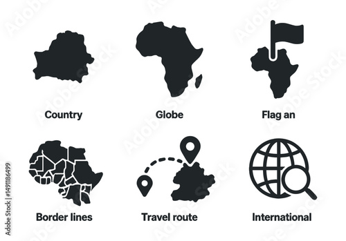 Solid style icons of country and world maps: country outline, continent icon, globe map, flag on region, border lines, travel route, capital marker, international zoom.