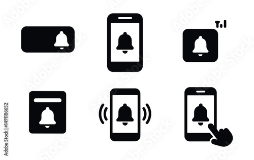 Solid style icons of mobile alerts: push notification bell, lock screen bell, status bar icon, alert popup, vibrate alert, mobile app bell, notification shade, tap to open bell.